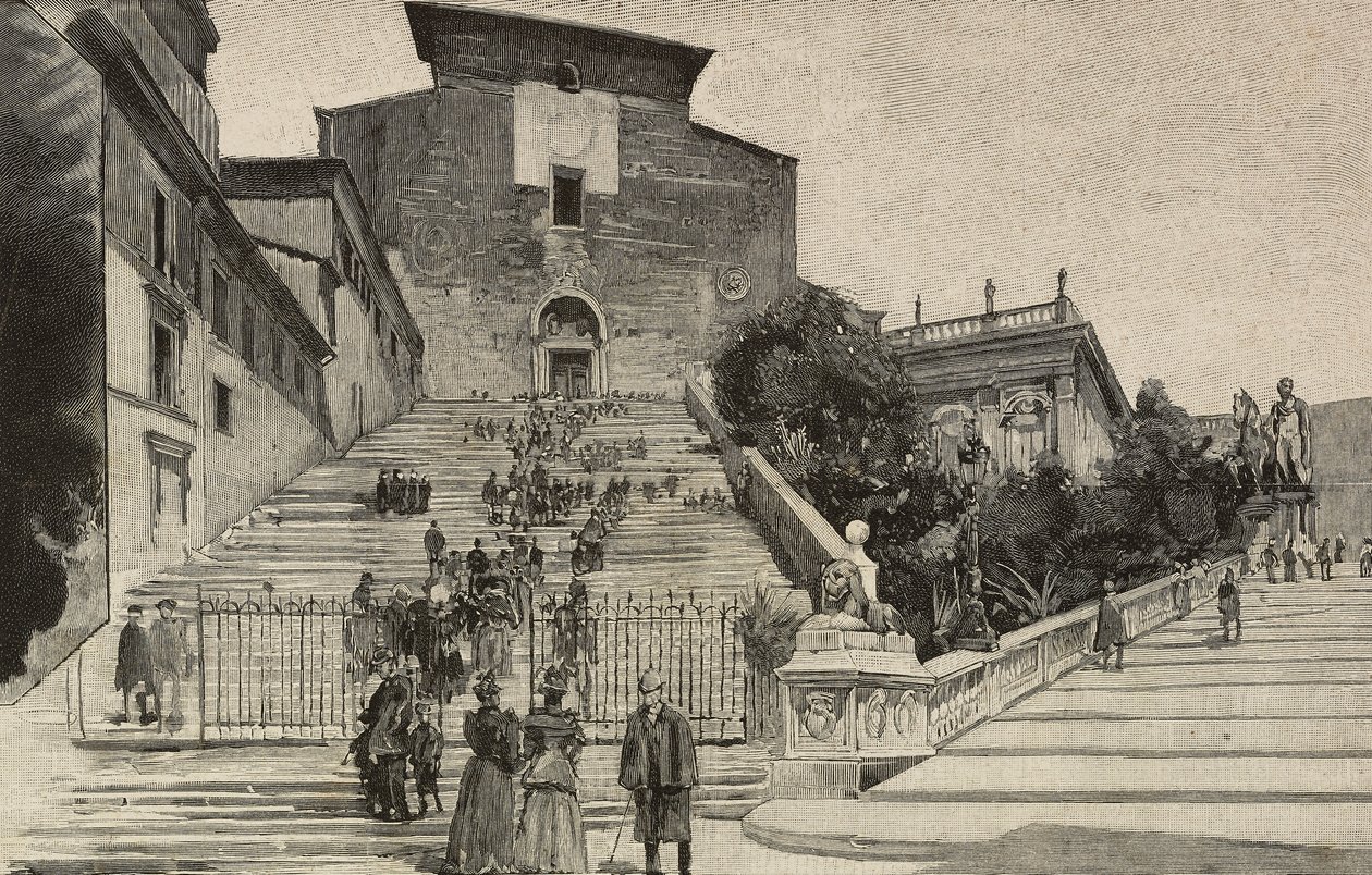 Vista de la Basílica de Santa María in Aracoeli, Roma, Italia, grabado según dibujo de Dante Paolocci, de L
