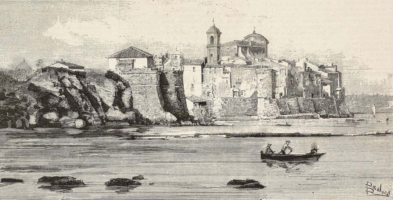Vista de Nettuno, Italia, grabado a partir de un dibujo de Dante Paolocci, de L