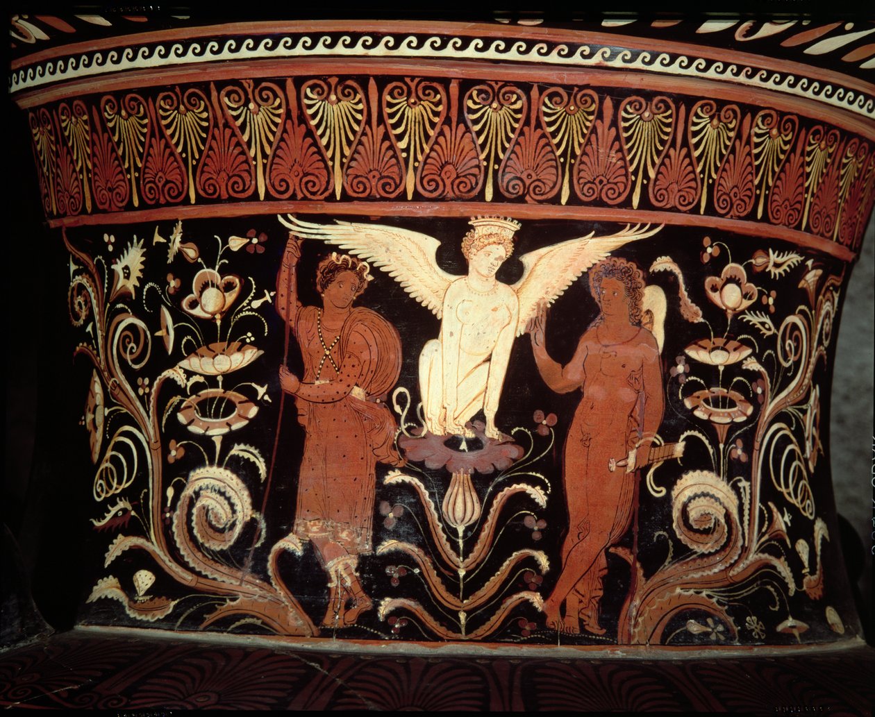 Cráter de volutas de figuras rojas apulianas, detalle del cuello que representa a Edipo y la Esfinge de Darius Painter