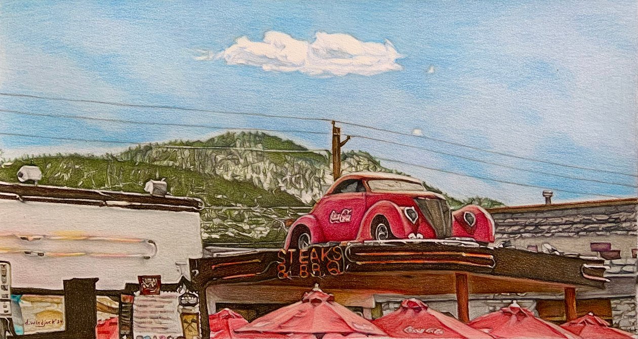 Pitstop on Route 66, 2024 (lápiz sobre papel) de Darrell Windjack