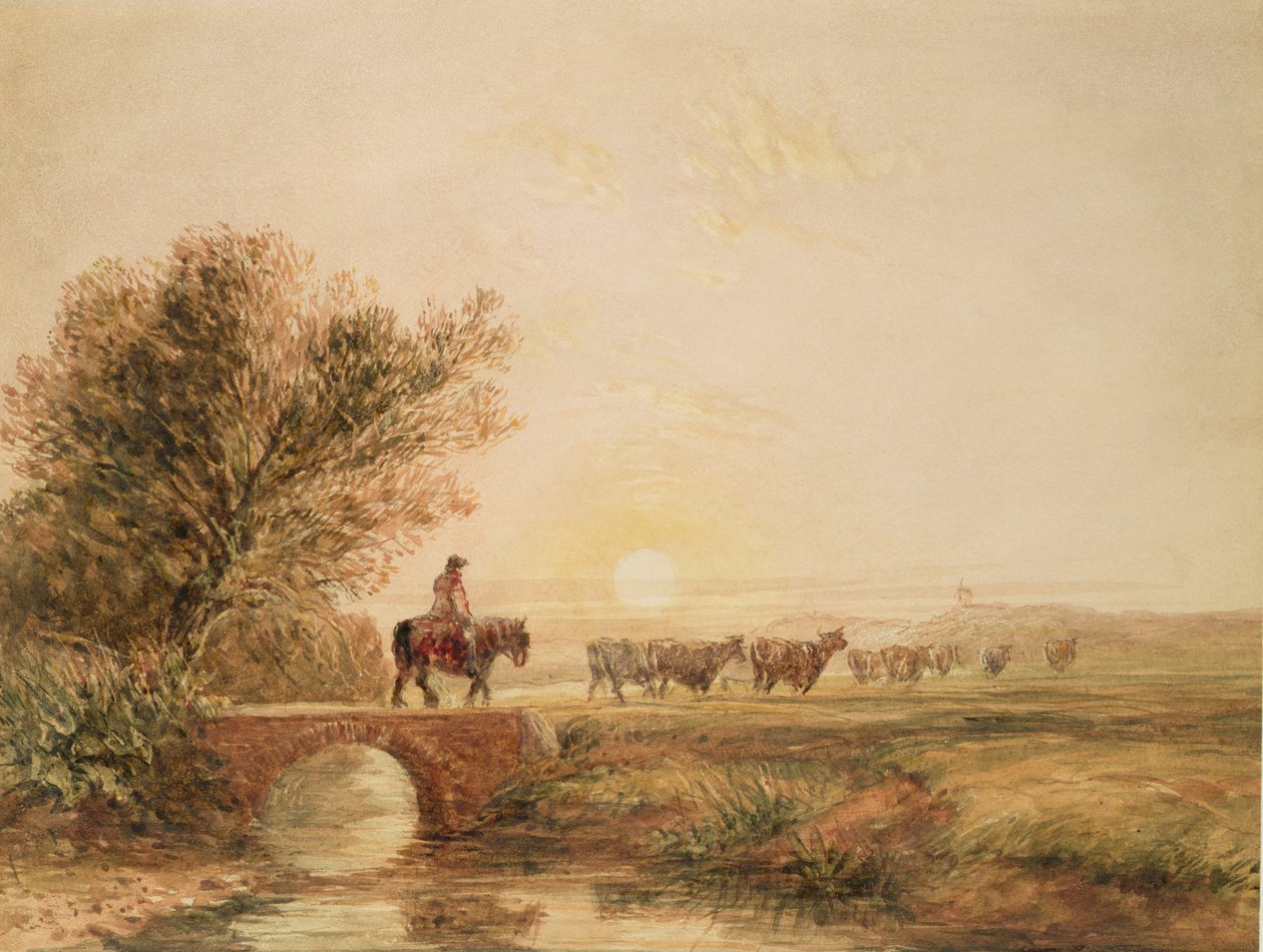 Un conductor montado con ganado cruzando un puente al atardecer de David Cox