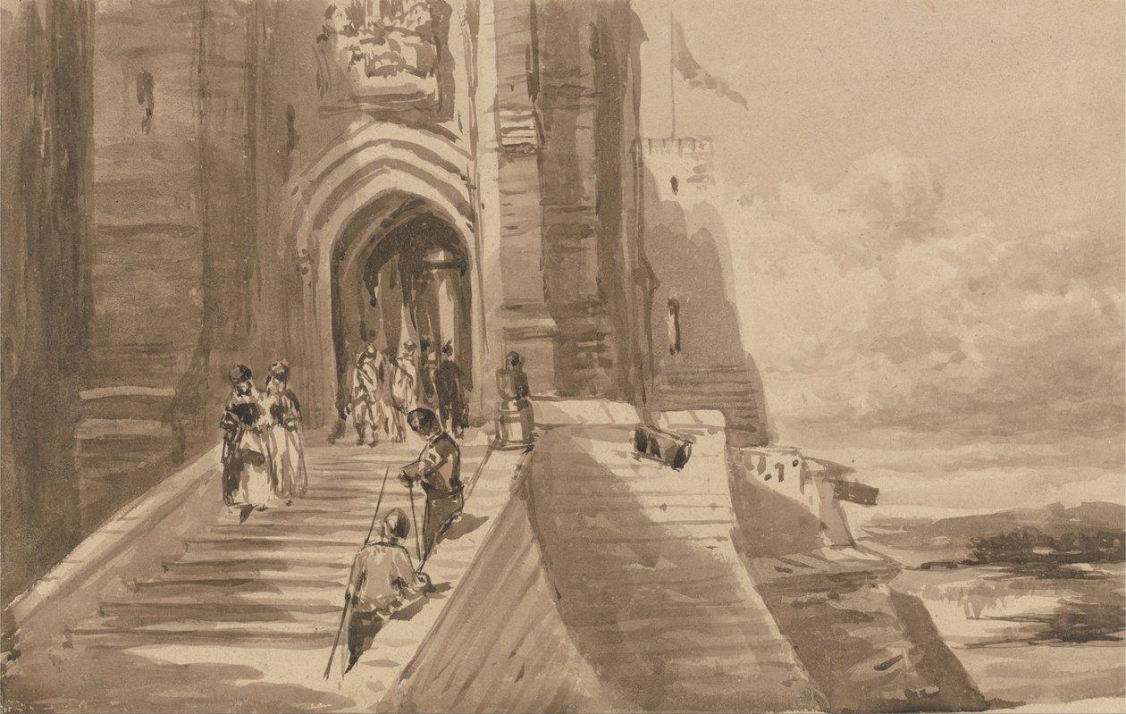 Figuras en la escalera exterior de un castillo de David Cox