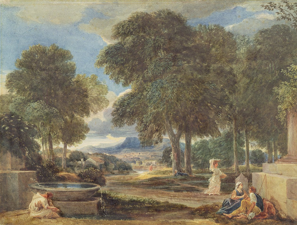 Paisaje con un hombre lavándose los pies en una fuente, después de Nicolas Poussin (1594-1665) de David Cox