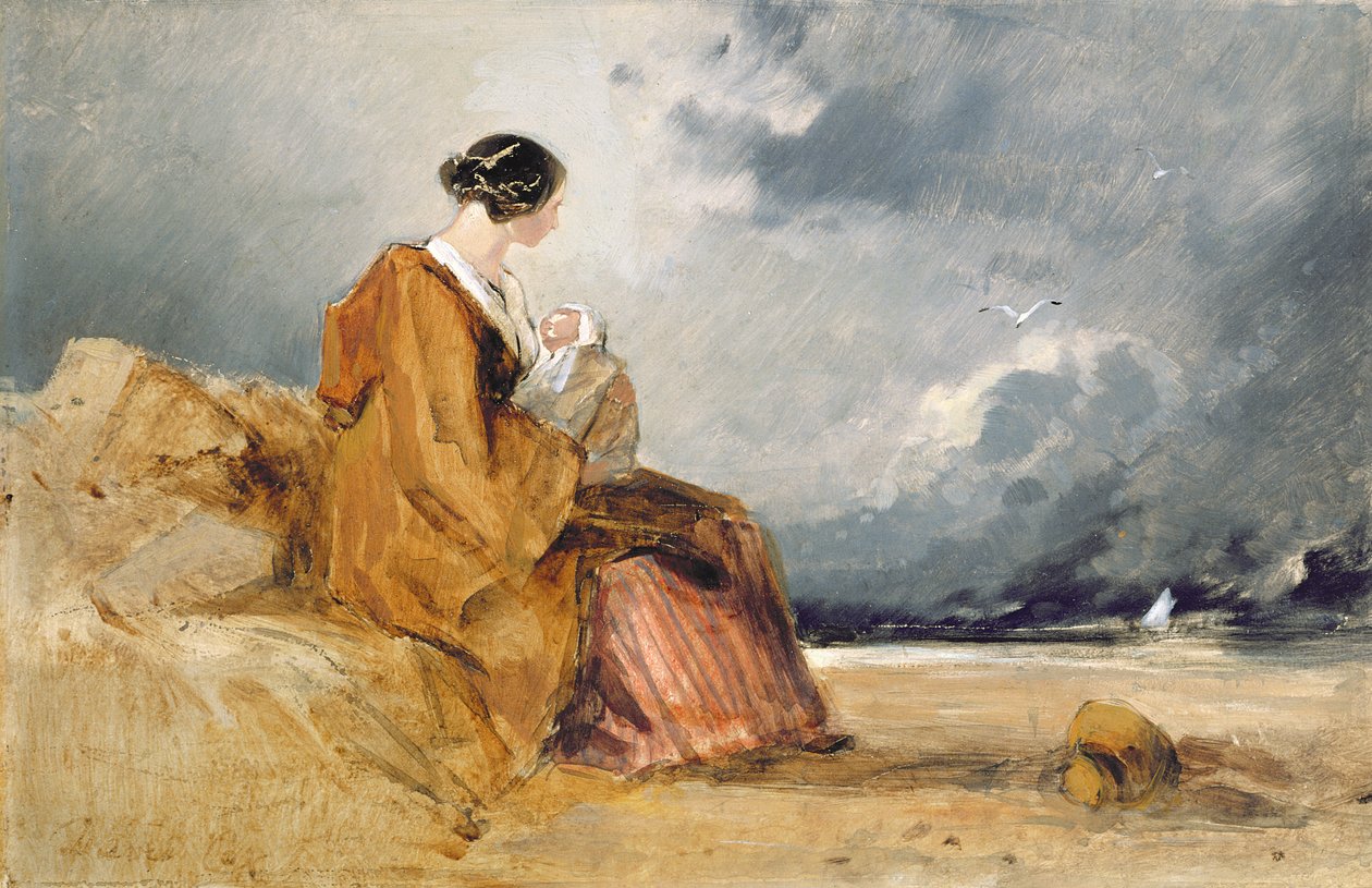 Madre e hijo en una playa de David Cox