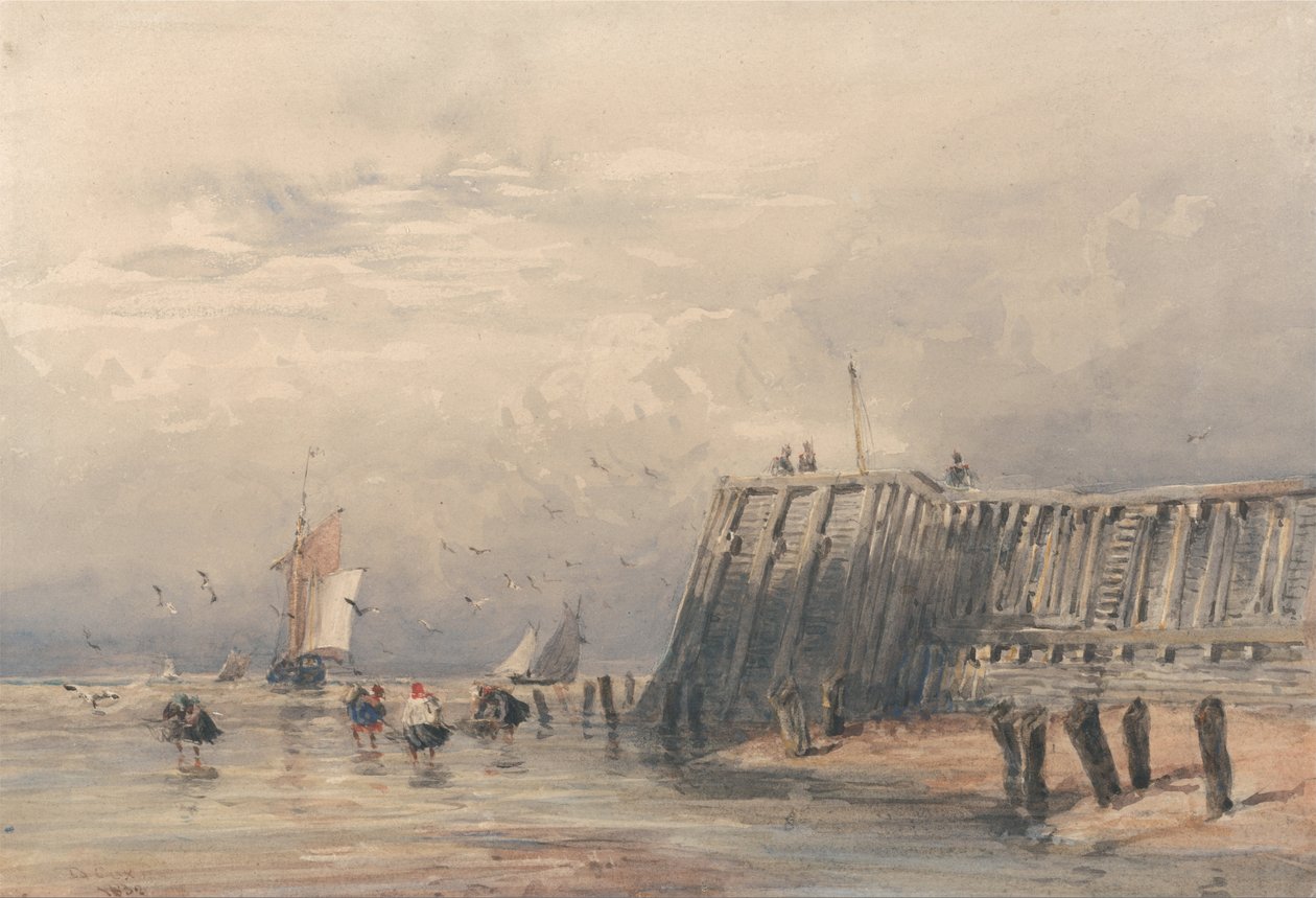 Barcazas de vela y pescadores de camarones cerca de un muelle de David Cox