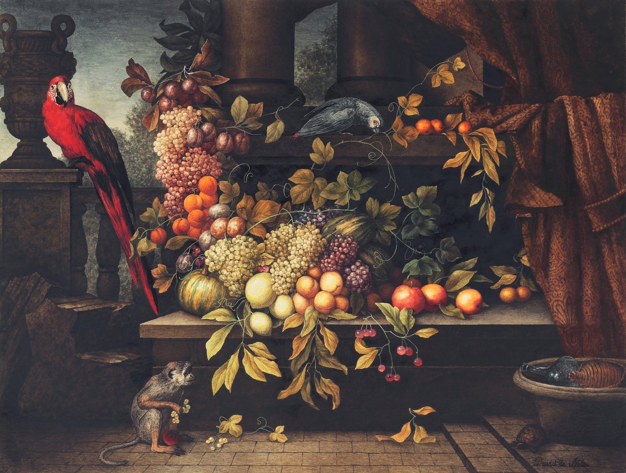 Naturaleza muerta con frutas, enfriador de vino, mono, loros y una tortuga en un pórtico de David Emil Joseph de Noter