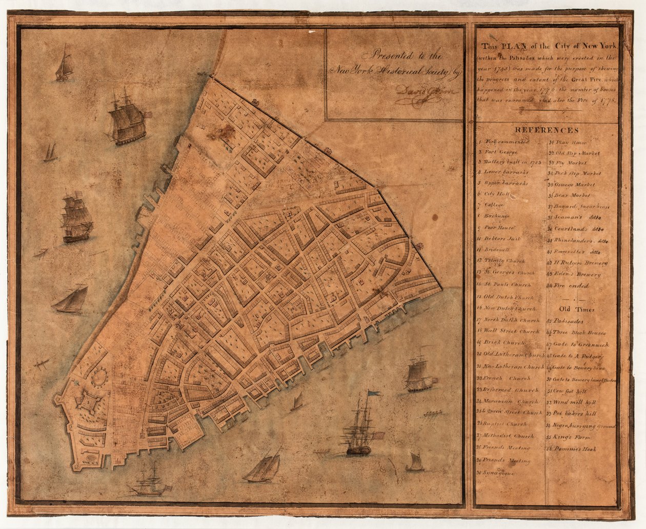 Plano de la ciudad de Nueva York (dentro de las empalizadas, que se erigieron en el año 1745) hecho con el propósito de mostrar el progreso y la extensión del Gran Incendio, que ocurrió en el año de David Grim