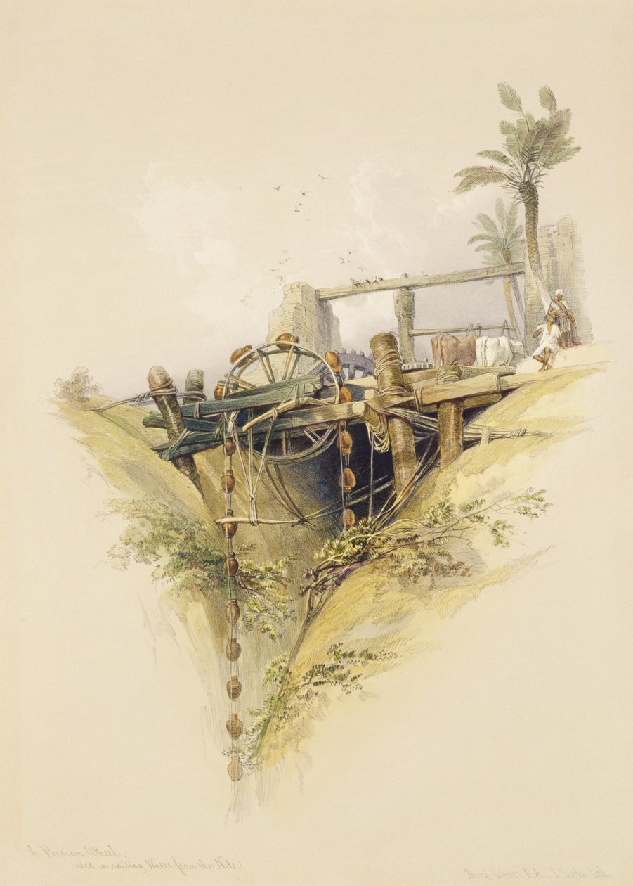 Una noria persa, utilizada para elevar agua del Nilo, de Egipto y Nubia, Vol.1 de David Roberts