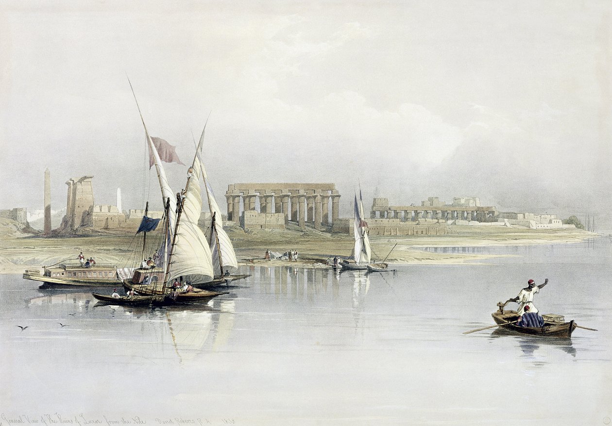 Vista general de las ruinas de Luxor desde el Nilo, de Egipto y Nubia, Vol.1 de David Roberts