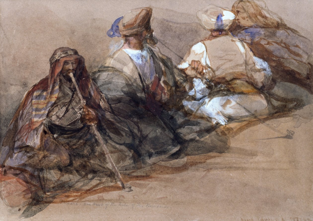 Grupo de figuras árabes, dos fumando un cubuk de David Roberts