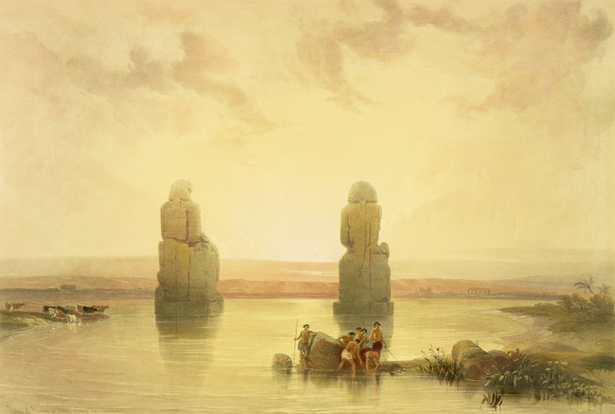 Los Colosos de Memnón, en Tebas, durante la inundación, de Egipto y Nubia, Vol.1 de David Roberts