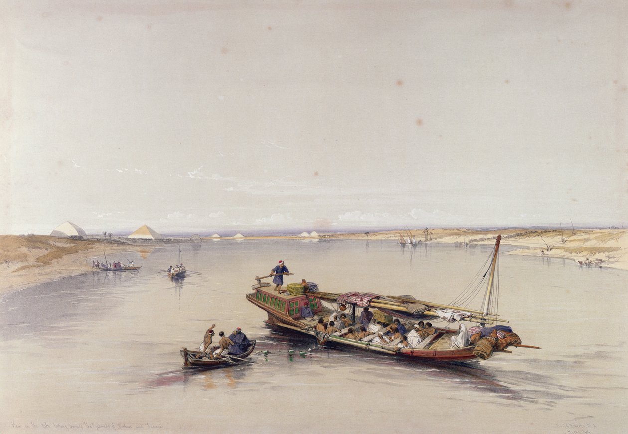 Vista del Nilo mirando hacia las pirámides de Dahshur y Saqqarah, de Egipto y Nubia, Vol.1 de David Roberts
