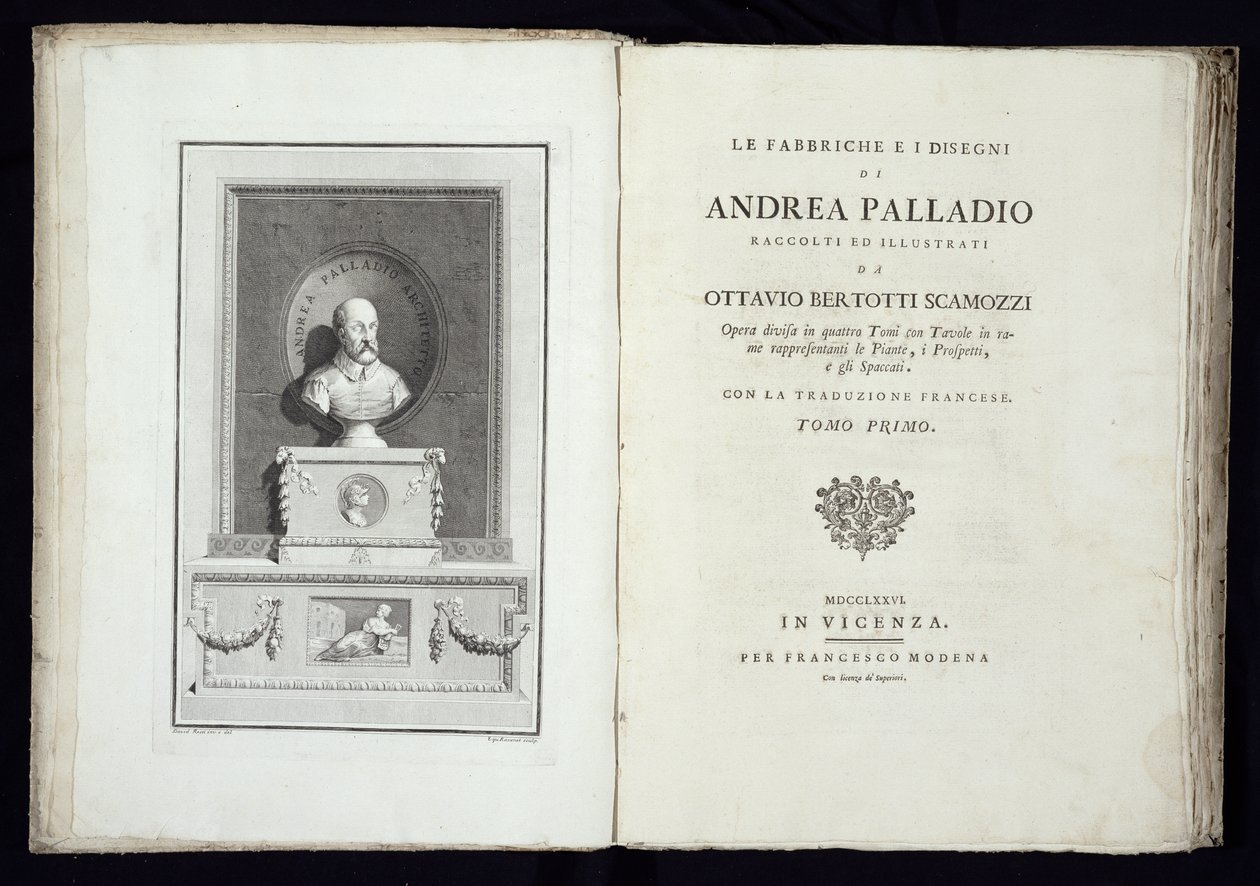 Página de título de Le Fabbriche e i Disegni di Andrea Palladio con un retrato del arquitecto, grabado por Simon Francis Ravenet (1737-1821) publicado en 1776 de David Rossi