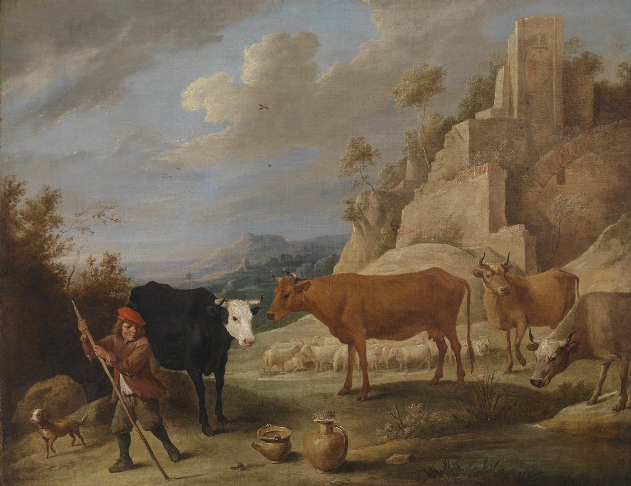 Un pastor con su rebaño en un paisaje con ruinas de David Teniers the Younger