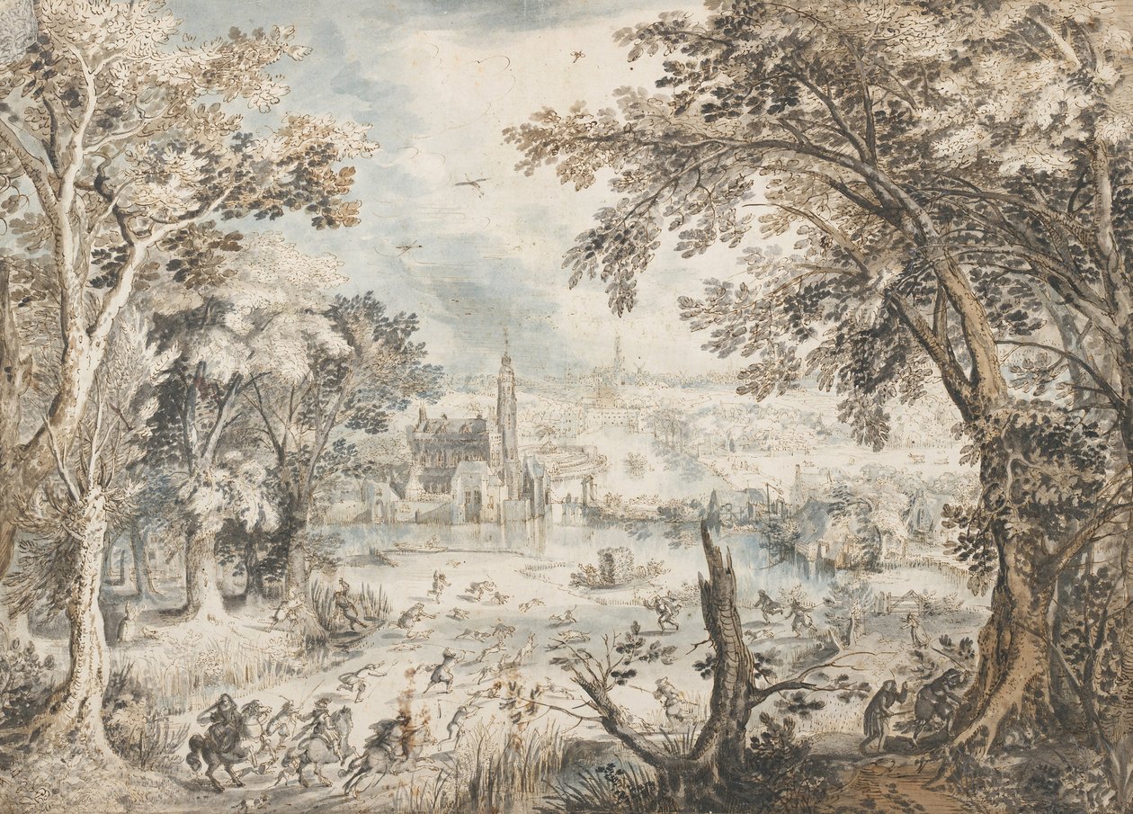 Paisaje con una caza de liebres, 1601-1602 de David Vinckboons