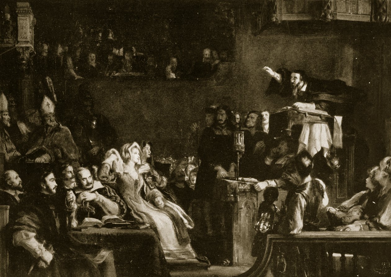 John Knox predicando ante los Señores de la Congregación en la Catedral de St. Andrews, 1559, ilustración de 