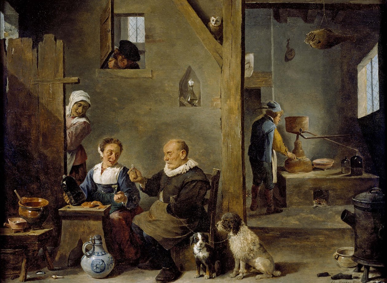 Una destilería con un anciano comprando ginebra a una mujer, c. 1640-49 de David Teniers the Younger