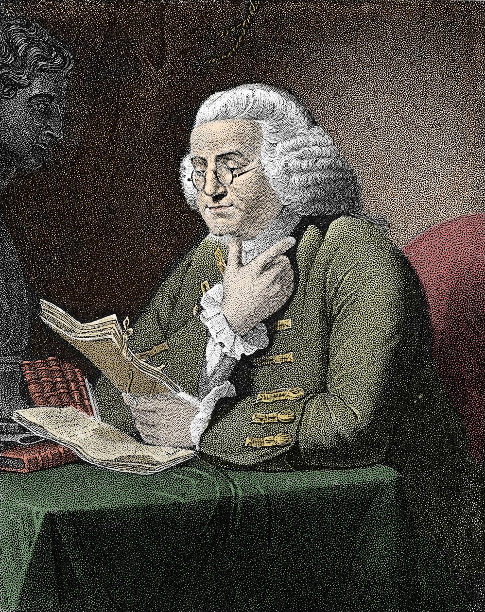 Retrato de Benjamin Franklin (1706-1790), filósofo, físico y embajador estadounidense. Grabado después de una pintura de David Martin. de David (after) Martin