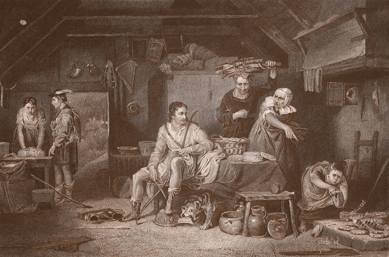 Alfredo en la Cabaña del Vaquero, grabado por A.H. Payne de David (after) Wilkie