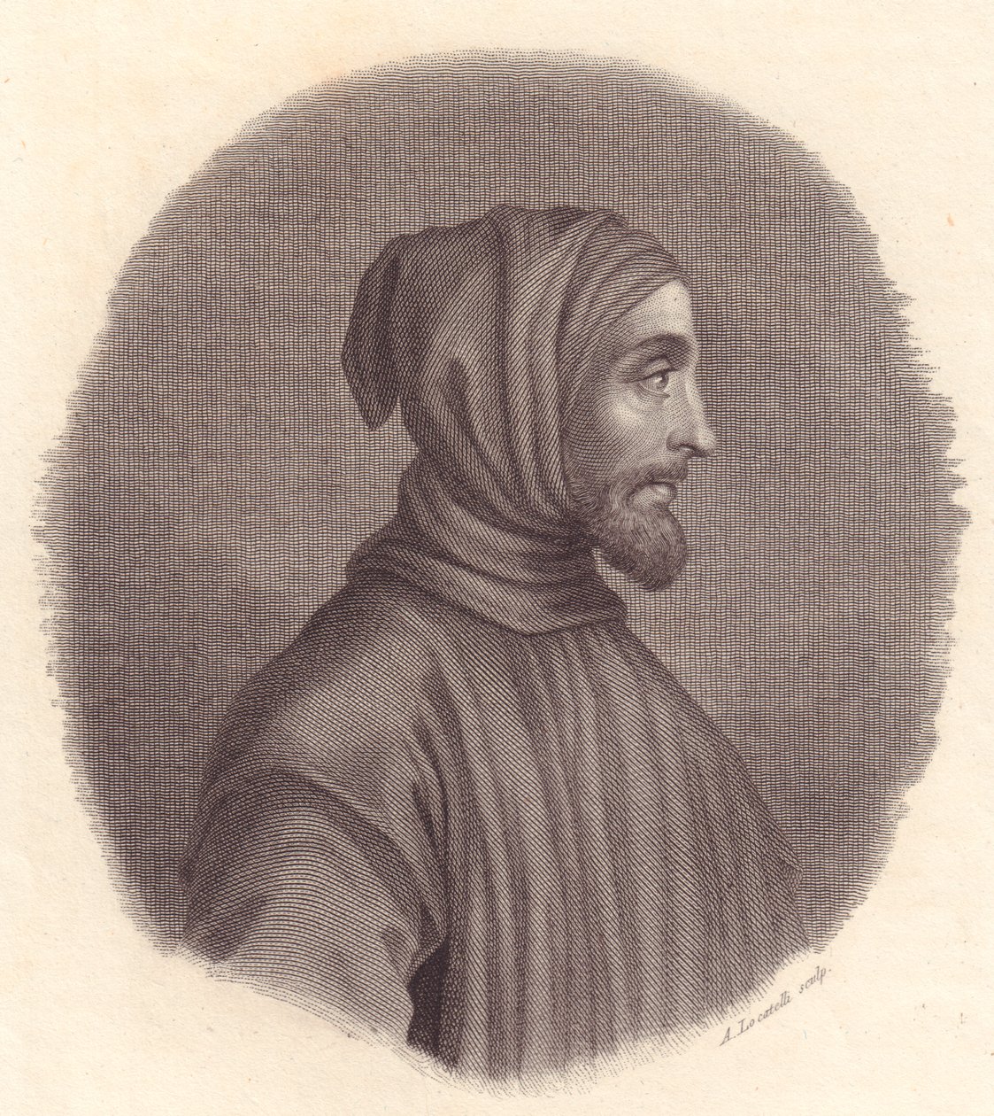 Retrato del pintor italiano Cimabue (circa 1240-1302), grabado en cobre por Locatelli del retrato de Simone Senese de John Ward Dunsmore