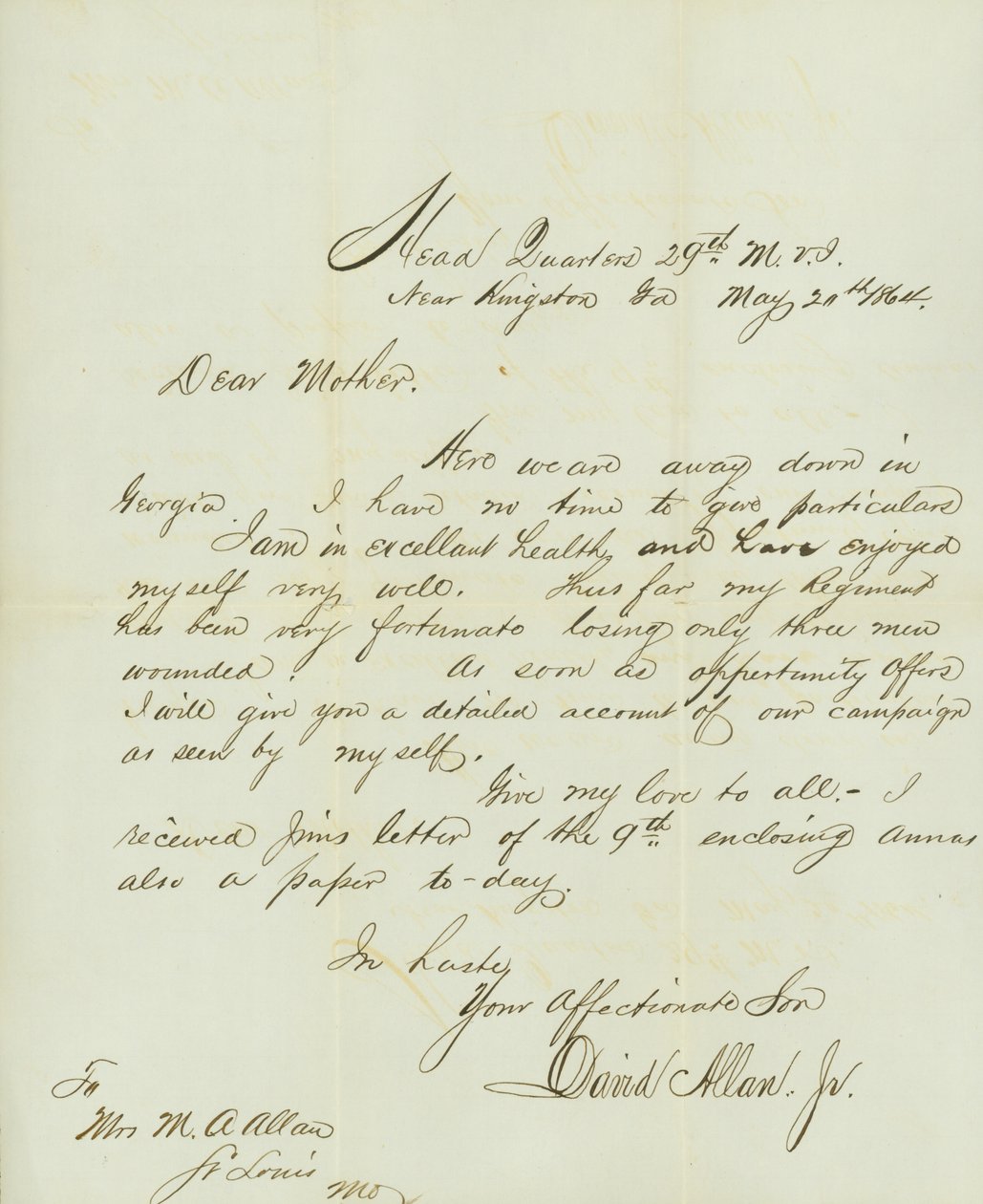 Carta firmada por David Allan, Jr., Cuartel General 29th M.V.I., cerca de Kingston, Ga., a su madre Sra. M.A. Allan, St. Louis, Mo., 20 de mayo de 1864 de David Allan