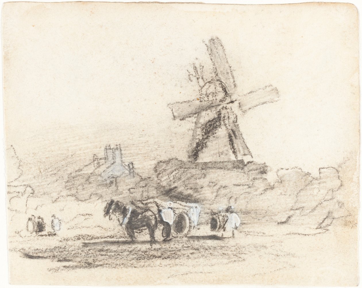 Un carro con dos caballos cerca de un molino de viento de David Cox