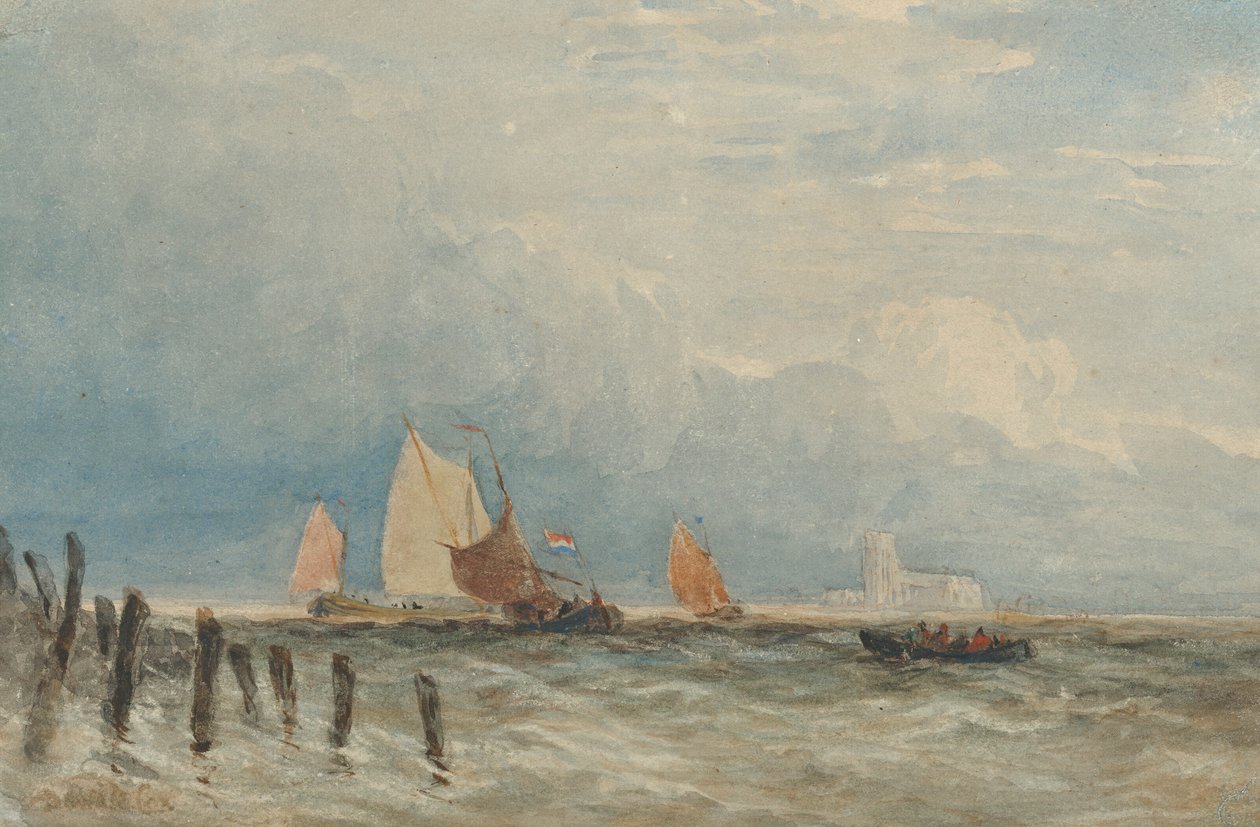 Pesca holandesa frente a la costa, con Grote Kerk, Dordrecht en la distancia de David Cox