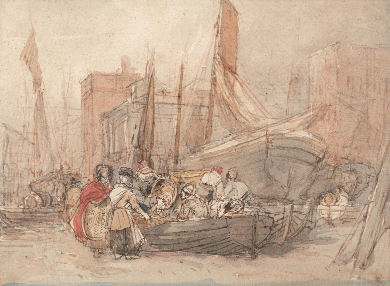 Escena portuaria con barcos de pesca siendo descargados de David Cox