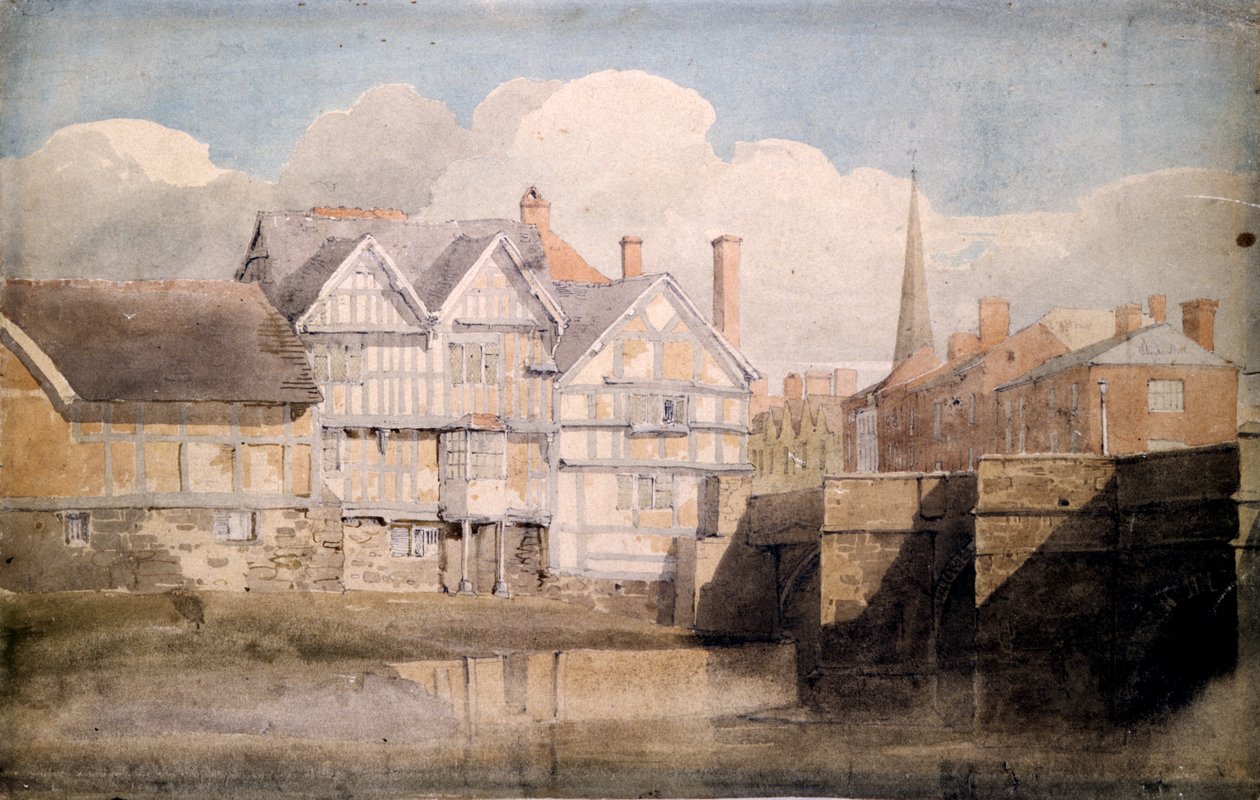 Casas antiguas y puente Wye, Hereford, 1820 de David Cox