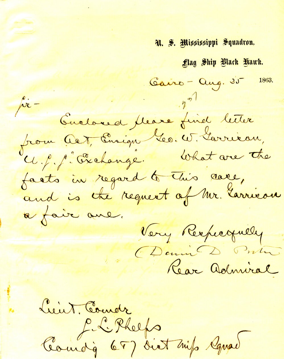 Carta de David D. Porter, USS Black Hawk, Cairo, Illinois, a Seth Ledyard Phelps, 25 de agosto de 1863 de David D. Porter