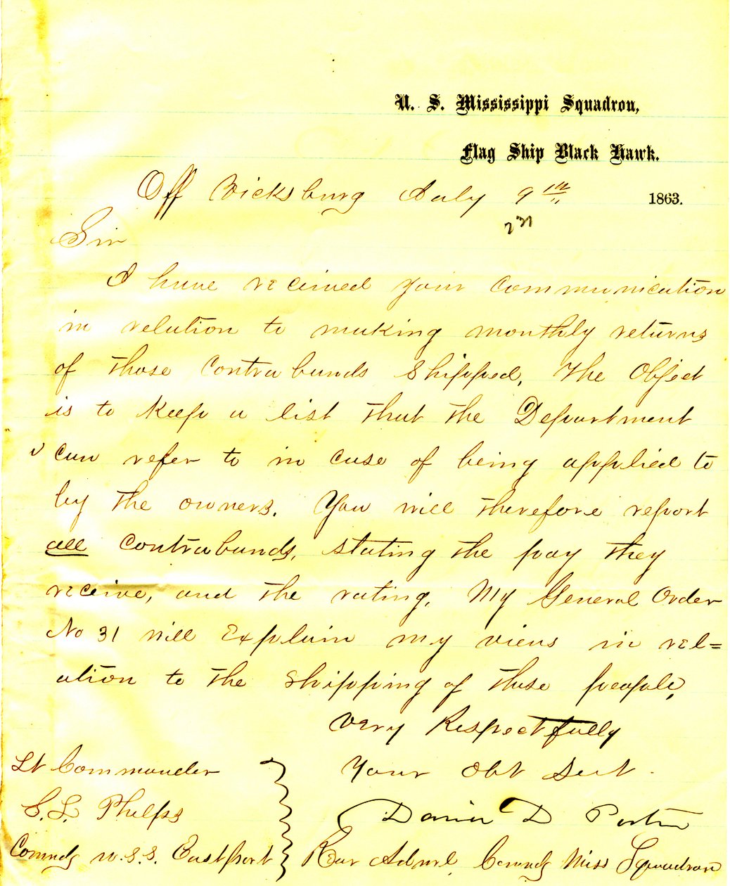 Carta de David D. Porter, U. S. S. Black Hawk, frente a Vicksburg, a Seth Ledyard Phelps, comandante del U. S. S. Eastport, 9 de julio de 1863 de David D. Porter