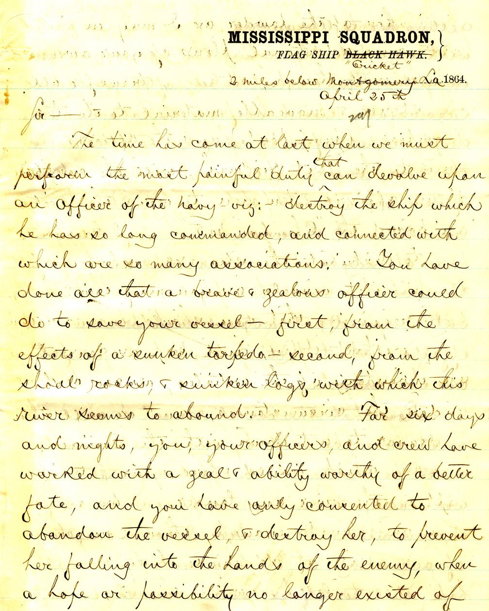 Carta de David D. Porter, USS Cricket, 2 millas debajo de Montgomery, Louisiana, a [Seth Ledyard] Phelps, comandante del USS Eastport, 2 millas debajo de Montgomery, Louisiana, 25 de abril de 1864 de David D. Porter