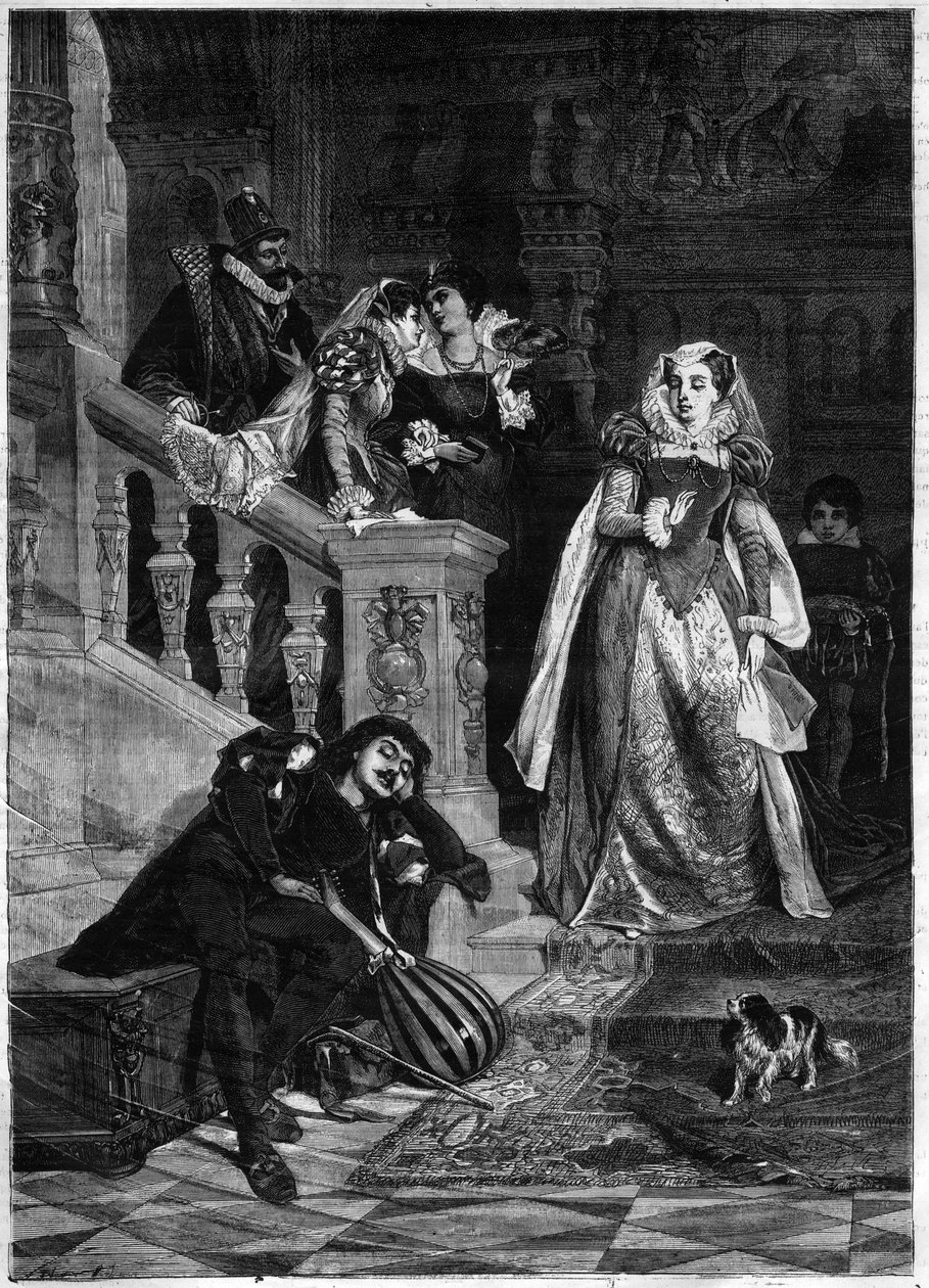 Primer encuentro de la Reina de Escocia María I Stuart (1542-1587) con David Rizzio - grabado después de la pintura de David Dalhoff Neal de David Dalhoff (after) Neal