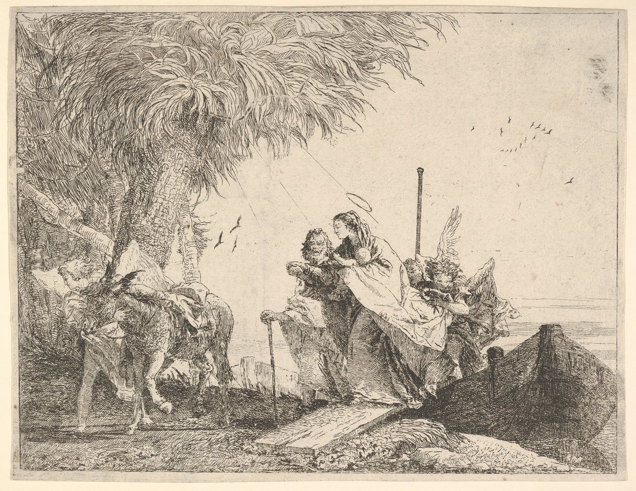 María, ayudada por José y un ángel, bajando de un bote a la orilla, un ángel estabiliza..., 1753 de David Giovanni