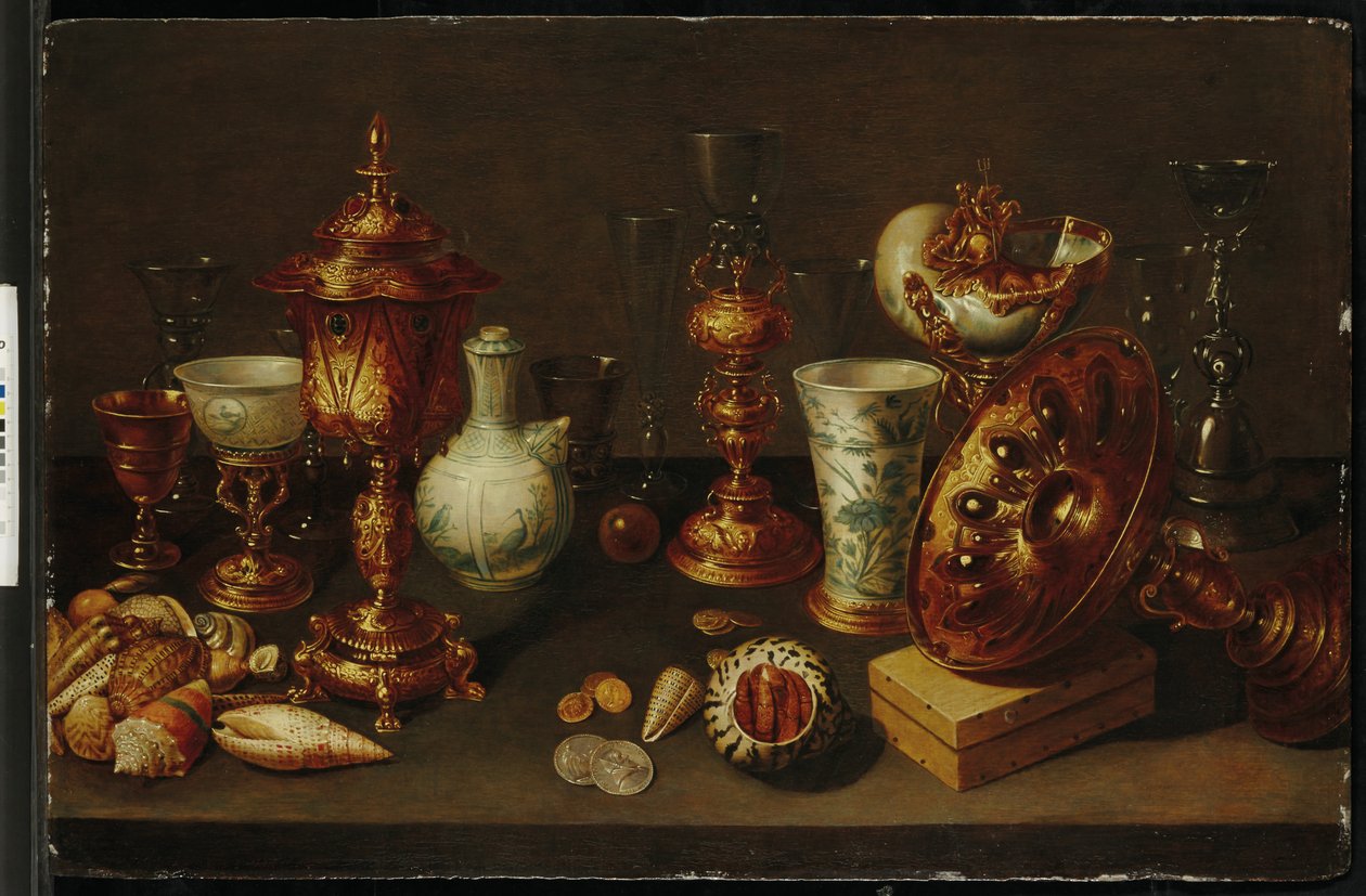 Naturaleza muerta con conchas, con nautilus, jarrones, vasos y ramas de coral de David II Ryckaert
