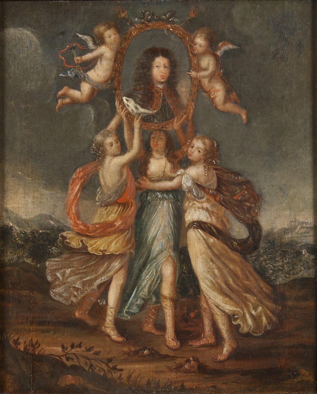 Tres figuras alegóricas que sostienen el retrato de Carlos XI de Suecia de David Klöcker Ehrenstrahl