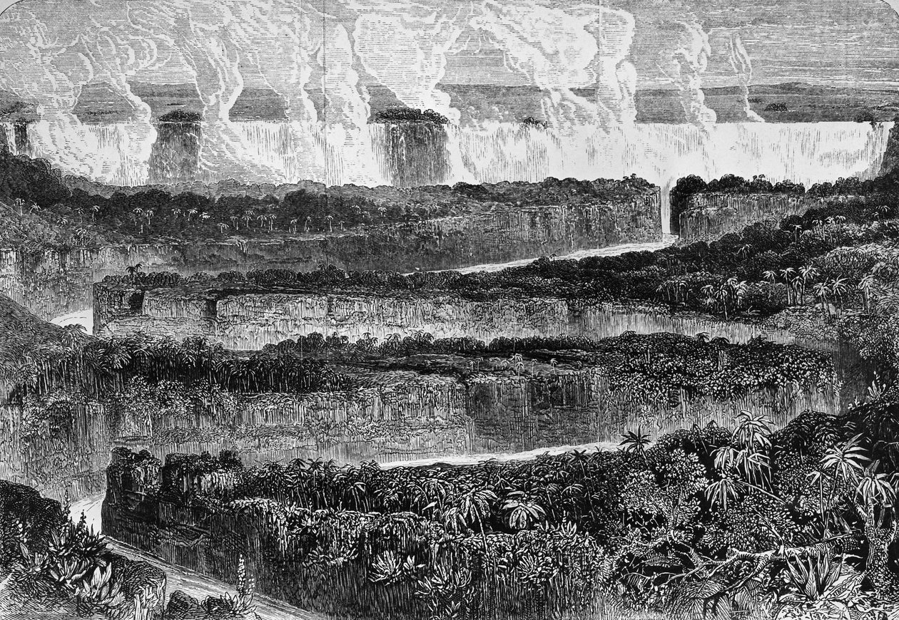 Vista de las grandes cataratas del Zambeze, conocidas como Mosi-oa-Tuny o Victoria Falls, Zambia, grabado de Narrative of Expedition to Zambezi and its tributaries, de David Livingstone (1813-1873) y Charles Livingstone (1821-1873), Londres. de David Livingstone