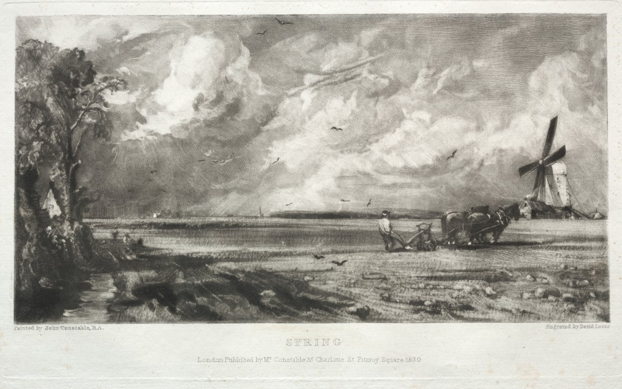 Varios temas de paisaje, característicos del paisaje inglés de cuadros pintados por John Constable, R.A.: Primavera. Un molino en un común. Chubascos de granizo. East Bergholt, Suffolk de David Lucas
