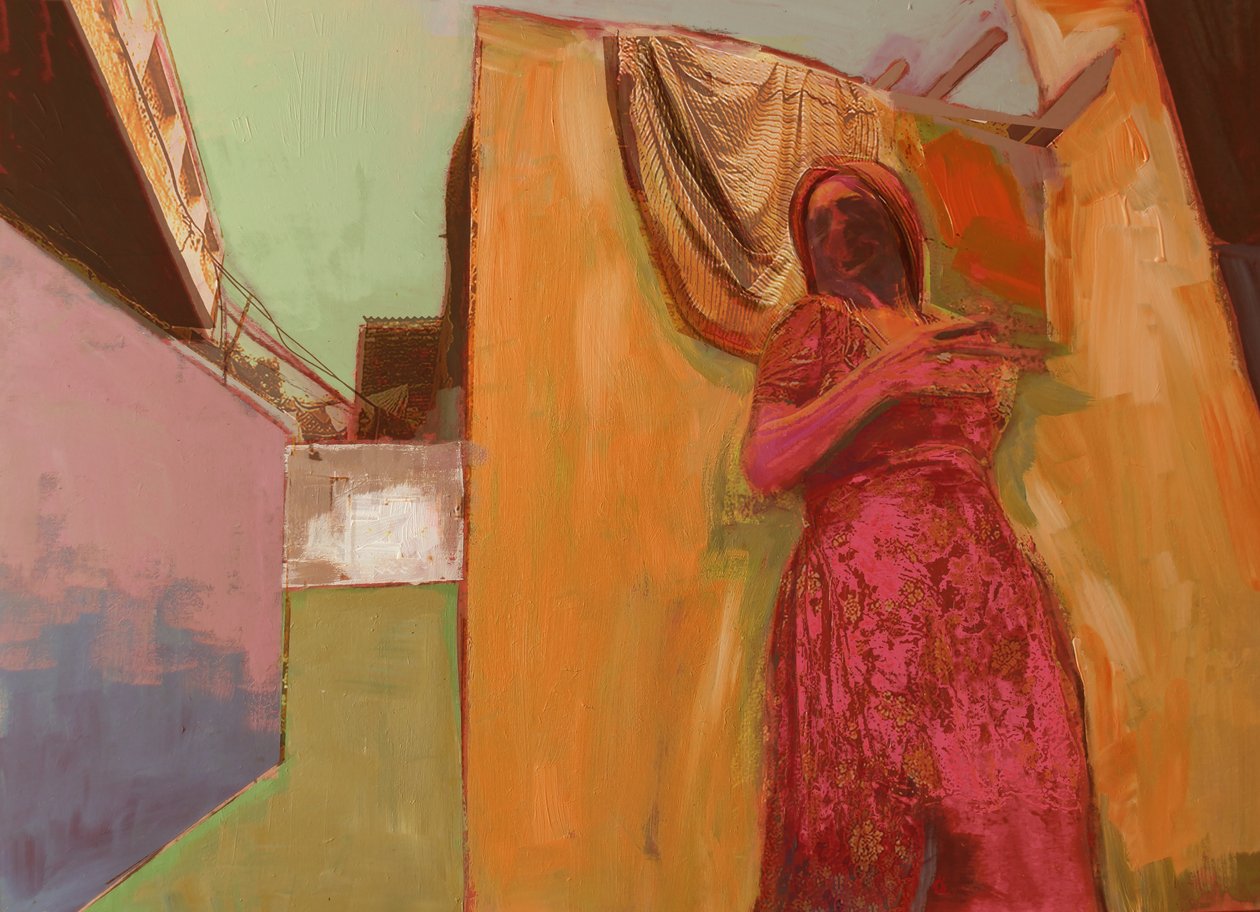 Mujer con vestido rosa de David McConochie
