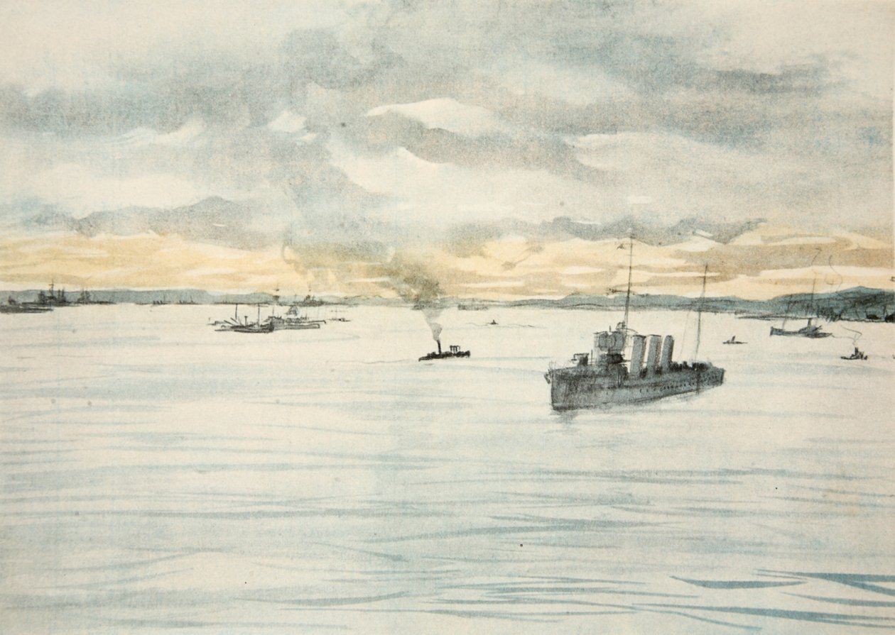 A Destroyer in a Harbour, ilustración de "The Western Front", pub. by Country Life Ltd de David Muirhead Bone