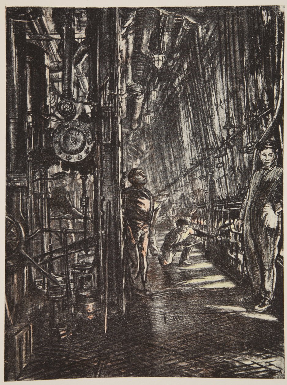 Una sala de calderas en un acorazado, ilustración de "The Western Front", pub. by Country Life Ltd de David Muirhead Bone