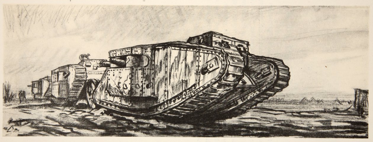 Una línea de tanques, ilustración de "The Western Front", pub. by Country Life Ltd de David Muirhead Bone