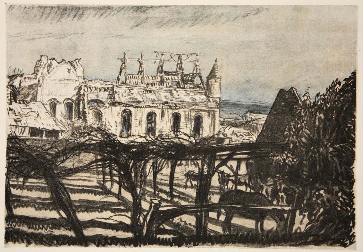 Un jardín de rosas, ilustración de "The Western Front", pub. by Country Life Ltd de David Muirhead Bone