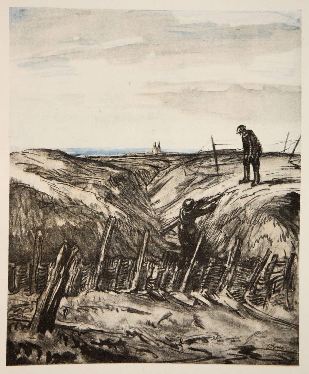 Una trinchera en ruinas, ilustración de "The Western Front", pub. by Country Life Ltd de David Muirhead Bone