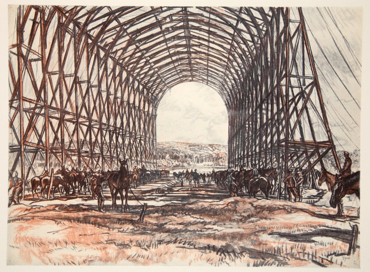 Un establo en el frente occidental, ilustración de "The Western Front", pub. by Country Life Ltd de David Muirhead Bone
