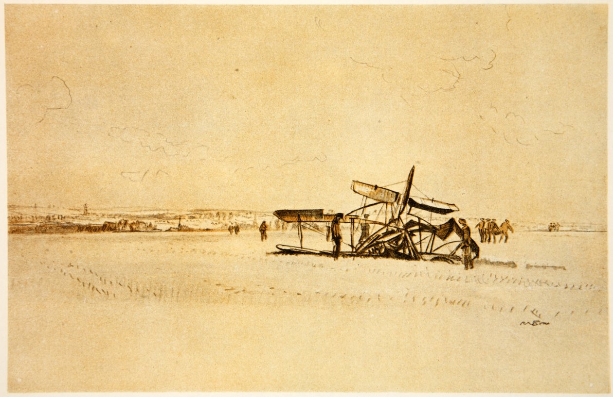 Un avión destrozado cerca de Albert, ilustración de "The Western Front", pub. by Country Life Ltd de David Muirhead Bone