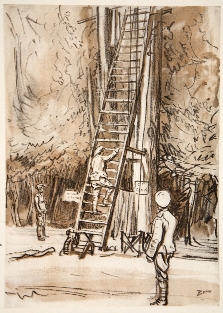 Un puesto de observación, ilustración de "The Western Front", pub. by Country Life Ltd de David Muirhead Bone