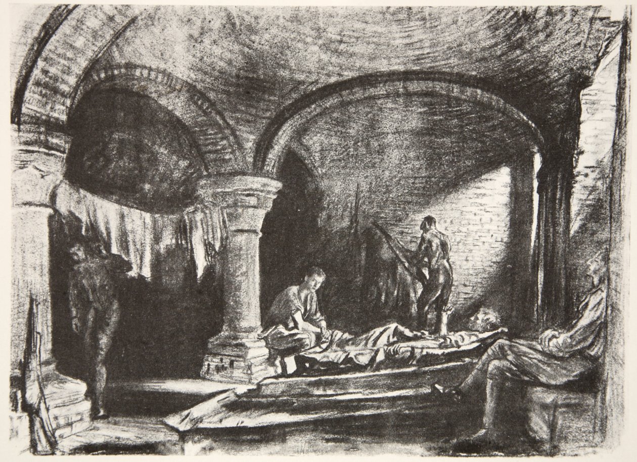 An Underground Billet, ilustración de "The Western Front", pub. by Country Life Ltd de David Muirhead Bone