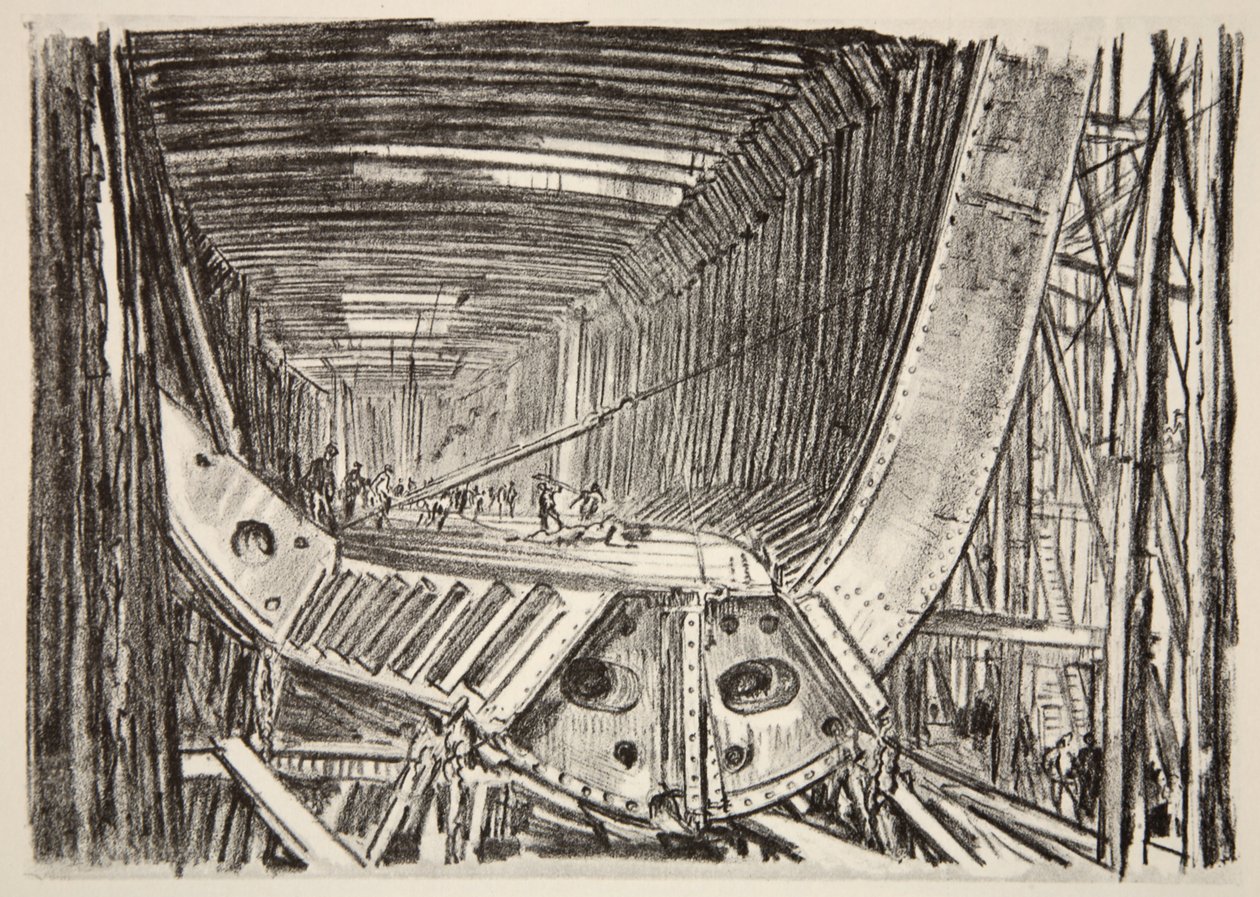 Construcción de un barco estándar, ilustración de "The Western Front", pub. by Country Life Ltd de David Muirhead Bone