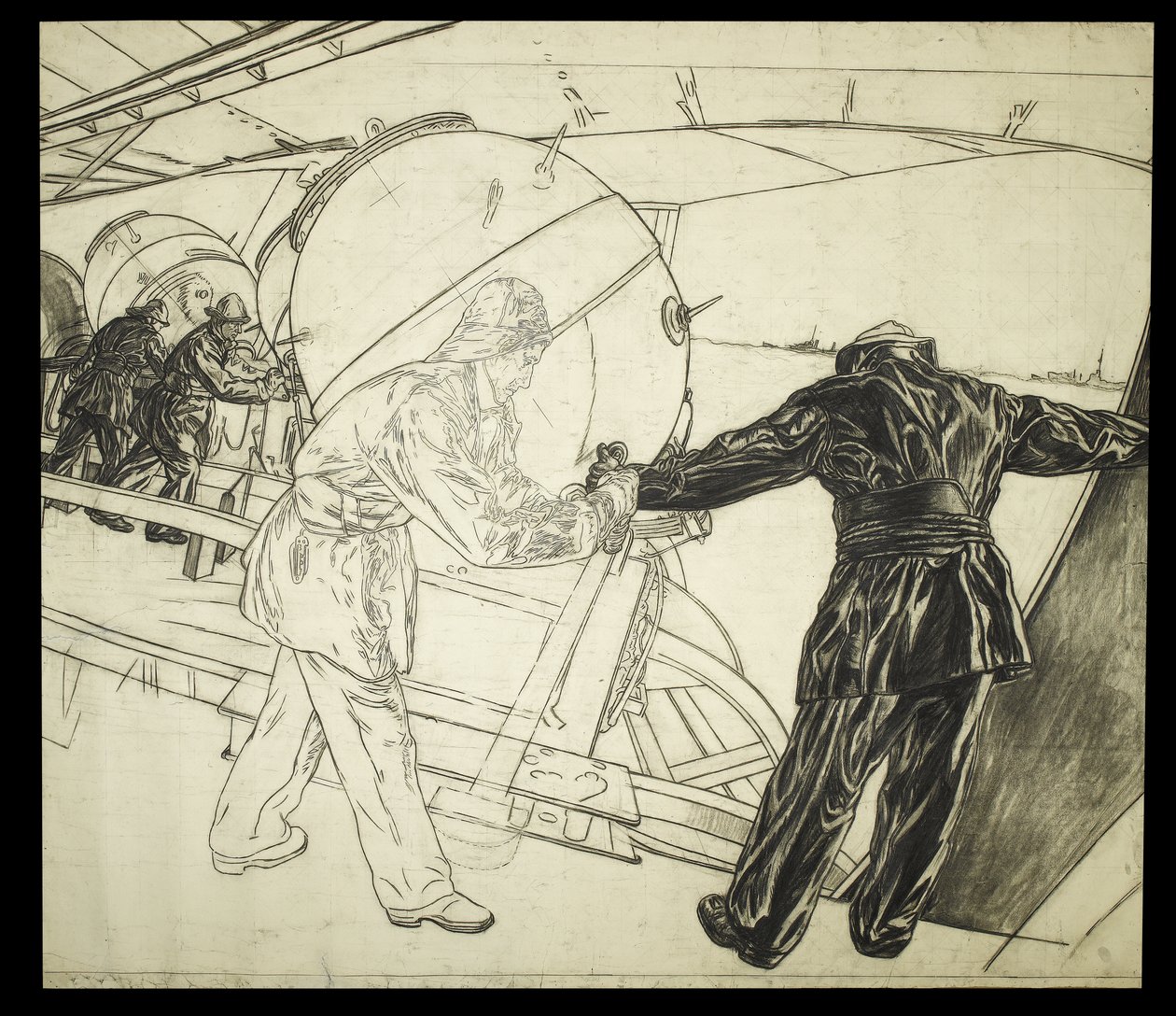 Dibujo a tamaño natural de Winter Mine-Laying off Iceland, c.1942 (carboncillo sobre papel) de David Muirhead Bone